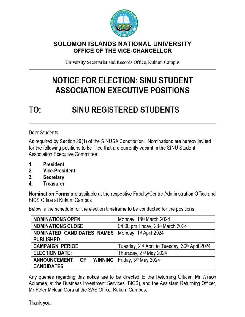 Notice for Election: SINU Student Association Executive Positions.