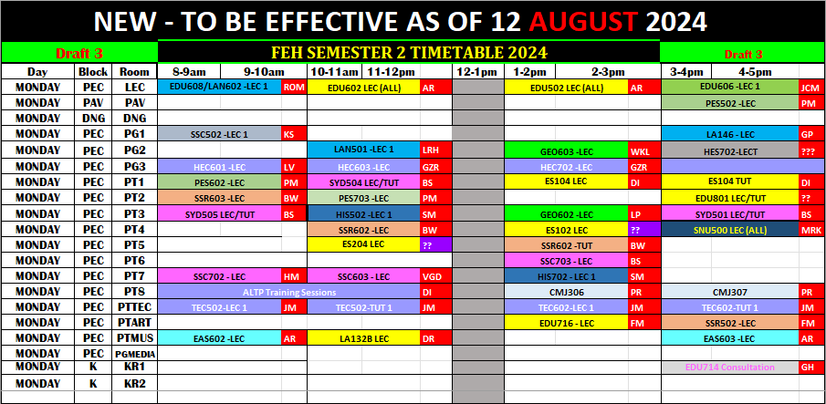 FEH SEMESTER 2 TIMETABLE 2024